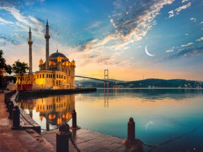 Ortakoy Mosque and Bosphorus bridge in Istanbul at sunrise, Turkey